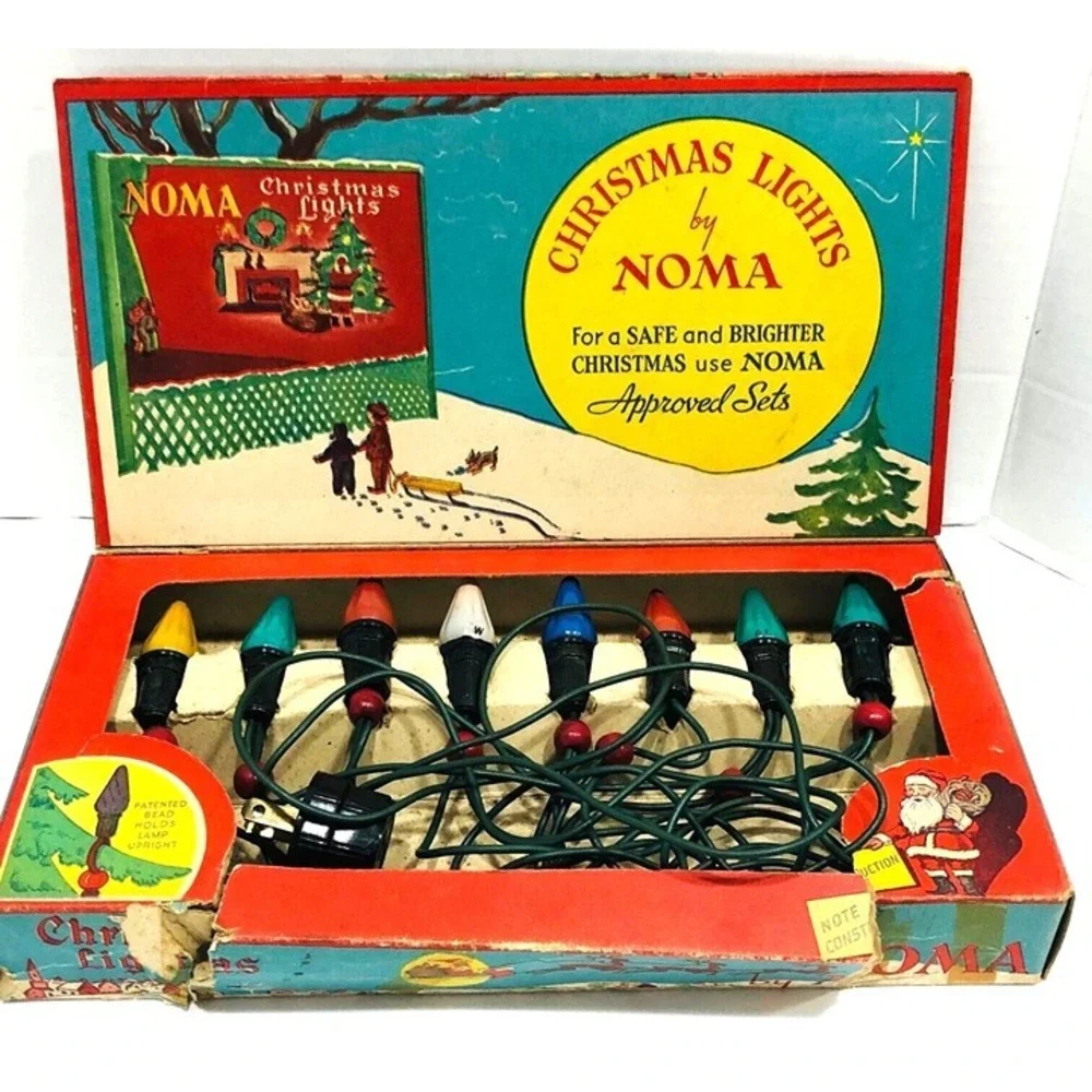 Vintage Noma Berry Bead Christmas Lights BAKELITE Plug Orig Box USA 1950s 8 Bulb